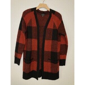 Lucky Brand Womens XS Wool Red Black Buffalo Plaid Long Sweater Cardigan Pockets